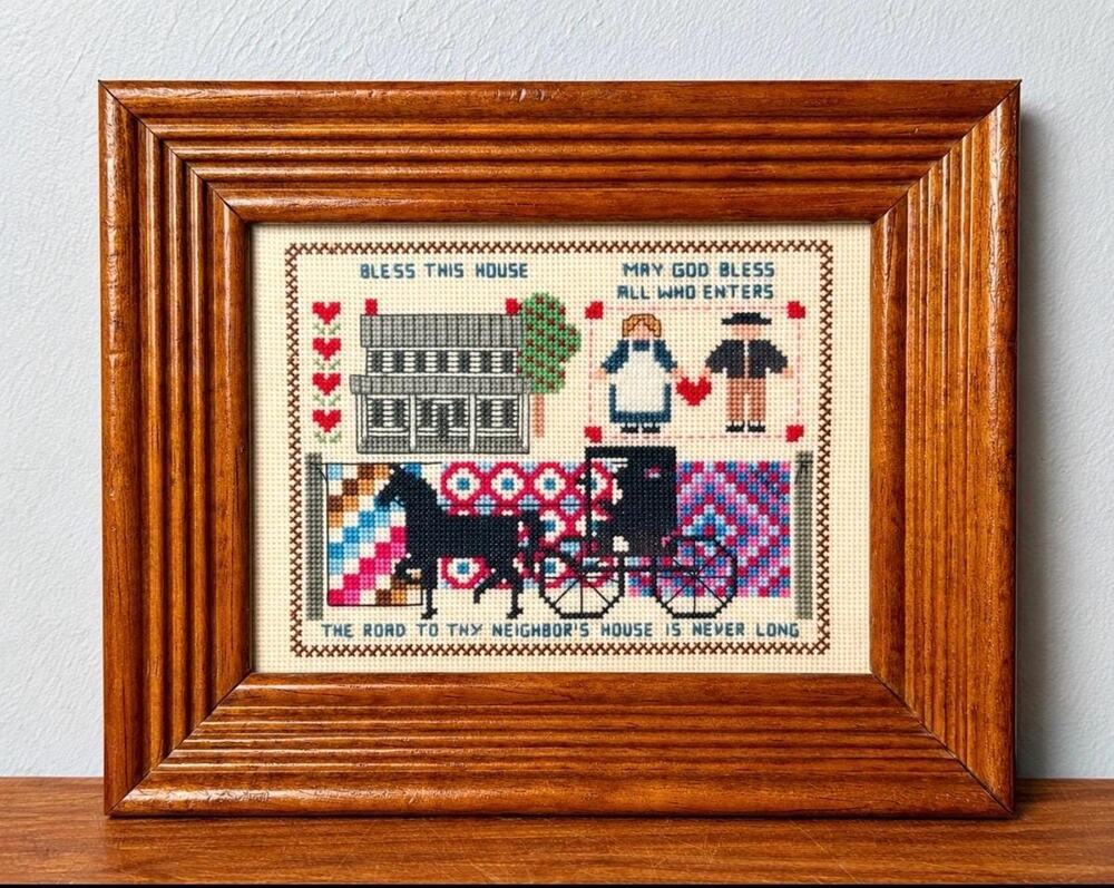 Vintage Amish Folk Art Cross Stitch Sampler Horse Buggy Framed Needlework